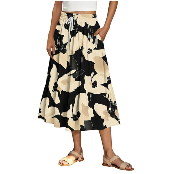 Summer Midi Skirts for Women Trendy Elastic Waisted Ruffle Printed Flowy Midi Long Skirts Women Casual Daily Flowy Dresses Beige S