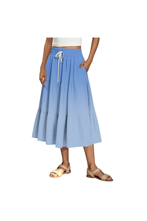 Summer Midi Skirts for Women Trendy Elastic Waisted Ruffle Printed Flowy Midi Long Skirts Women Casual Daily Flowy Dresses Blue L