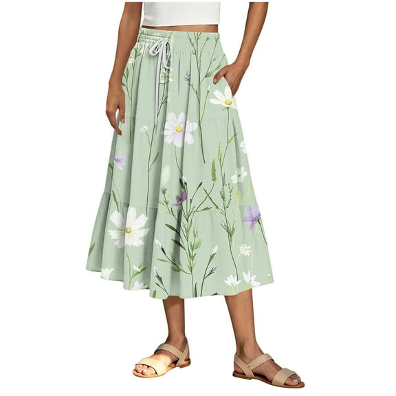 Summer Midi Skirts for Women Trendy Elastic Waisted Ruffle Printed Flowy Midi Long Skirts Women Casual Daily Flowy Dresses Green S