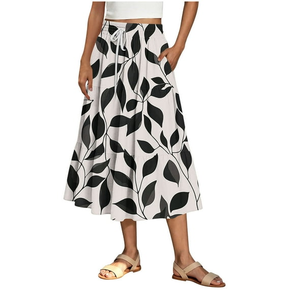 Summer Midi Skirts for Women Trendy Elastic Waisted Ruffle Printed Flowy Midi Long Skirts Women Casual Daily Flowy Dresses Khaki XXL