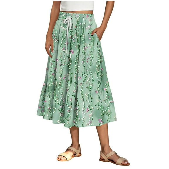 Summer Midi Skirts for Women Trendy Elastic Waisted Ruffle Printed Flowy Midi Long Skirts Women Casual Daily Flowy Dresses Mint Green L