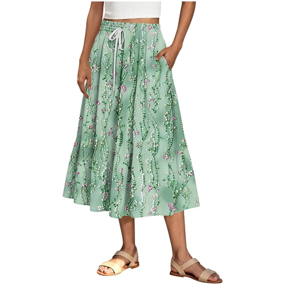 Summer Midi Skirts for Women Trendy Elastic Waisted Ruffle Printed Flowy Midi Long Skirts Women Casual Daily Flowy Dresses Mint Green S