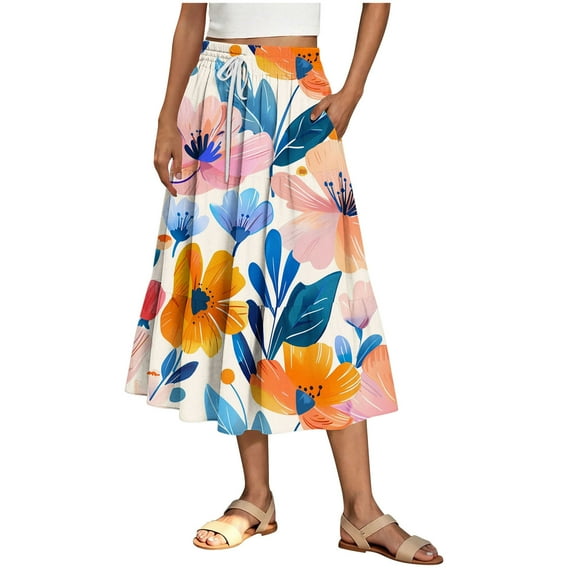 Summer Midi Skirts for Women Trendy Elastic Waisted Ruffle Printed Flowy Midi Long Skirts Women Casual Daily Flowy Dresses Orange M