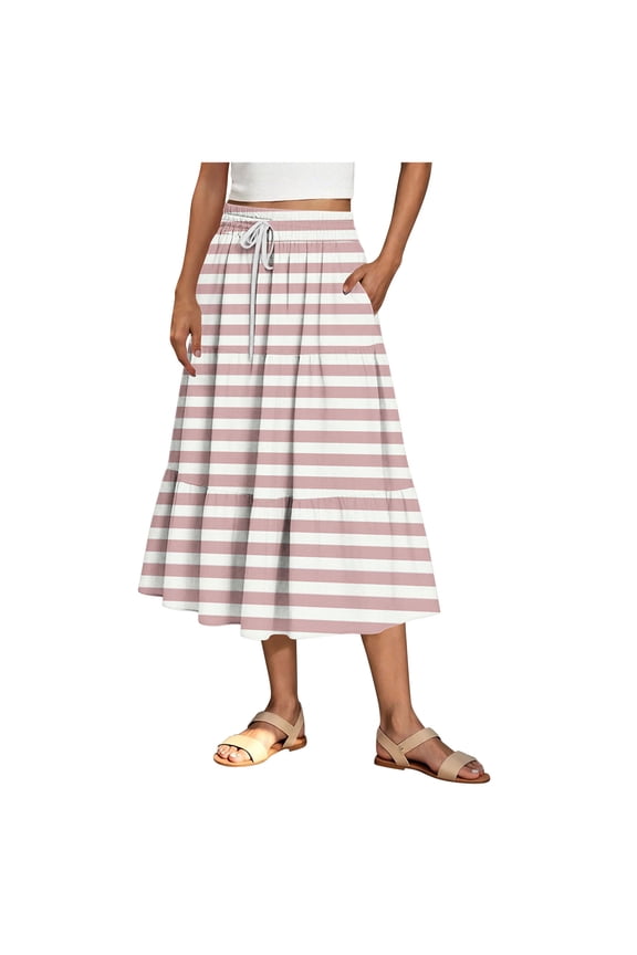 Summer Midi Skirts for Women Trendy Elastic Waisted Ruffle Printed Flowy Midi Long Skirts Women Casual Daily Flowy Dresses Pink XL