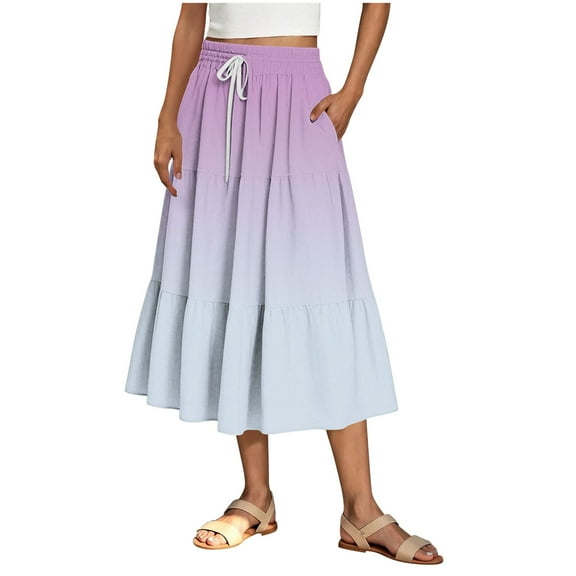 Summer Midi Skirts for Women Trendy Elastic Waisted Ruffle Printed Flowy Midi Long Skirts Women Casual Daily Flowy Dresses Purple S
