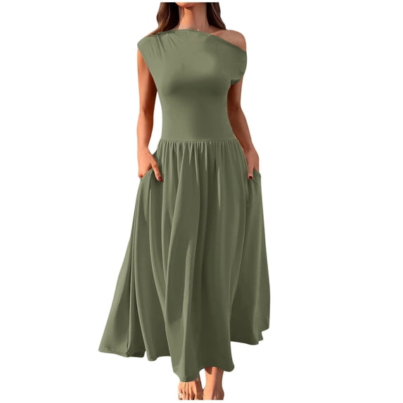 Summer Min Dresses for Womens 2026 Fashion Plus Size Solid Color Short Sleeve Pocket Elastic Long Dress