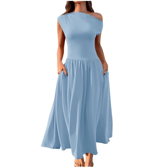 Summer Min Dresses for Womens 2026 Fashion Plus Size Solid Color Short Sleeve Pocket Elastic Long Dress