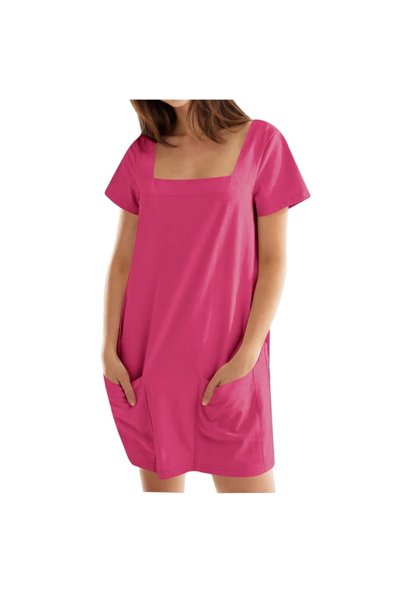 Summer Min Dresses for Womens 2026 Fashion Plus Size Square Neck Short Sleeved Fashionable Short Skirt Pocket Casual Dress
