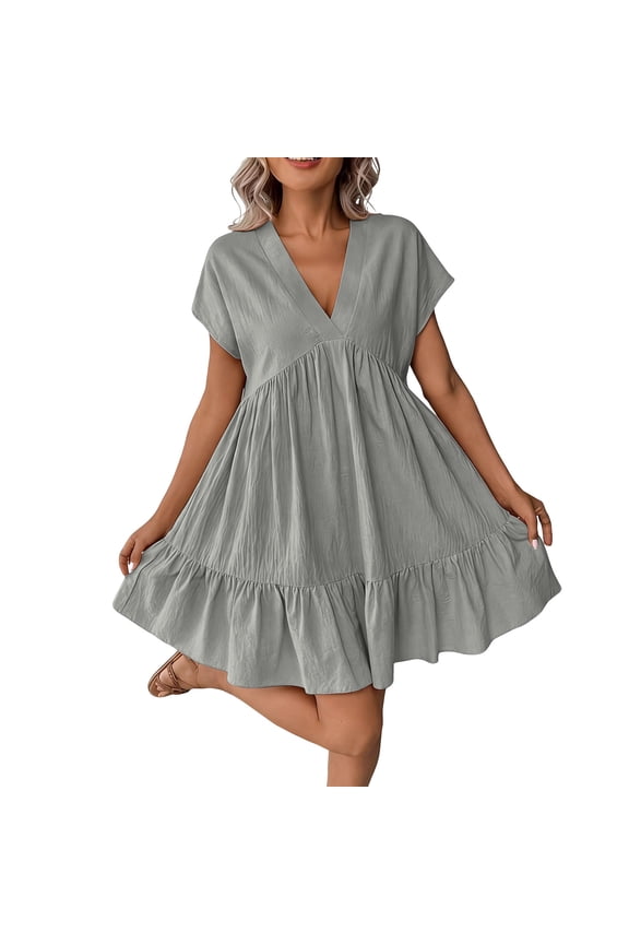 Summer Mini Dress for Women V Neck Short Sleeve Ruffle Hem Loose Fit Babydoll Dress Smocked Waist Tiered Tunic Dresses Lightweight Boho Casual Summer Beach Holiday Sundress for Women 2026