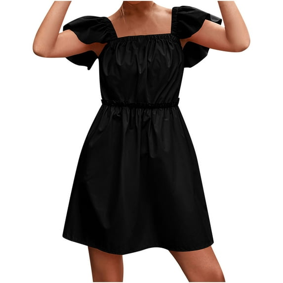 Summer Mini Dress for Women Casual Solid Color Ruffle Short Sleeves Square Neck Short Dress Ruched A Line Beach Dress