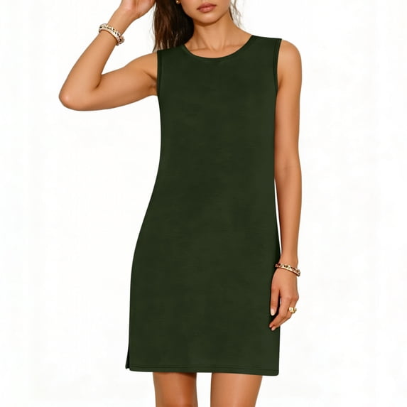 Summer Mini Dresses for Women Crew Neck Sleeveless Side Slit Cami Short Dress Vacation Home Casual Loose Flowy Tank DressVhkiploz