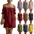 thumbnail image 1 of Summer Mini Dresses for Womens 2026 Fashion Plus Size Cotton and Linen Solid Color Short Sleeve Off--Shoulder Dress Pockets Mini Dresses, 1 of 9