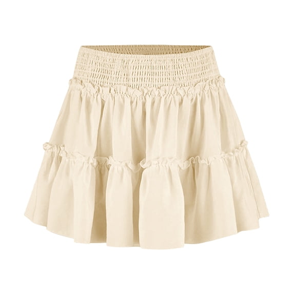 Summer Mini Skirts for Women Vacation Ruffle Elastic Waist A-Line Cute Casual Beach Short Skirt with Underneath Beige L