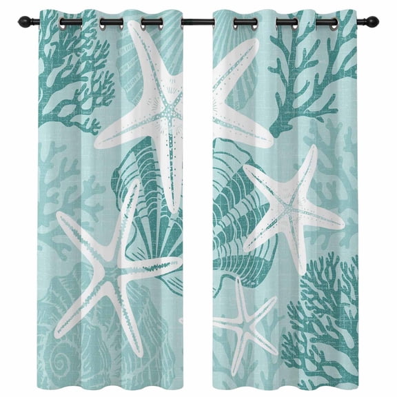 Summer Mint Green Starfish Blackout Curtains 96 Inches Long, Country Nautical Coastal Beach Coral Shell Thermal Insulated Room Darkening Drapes with Grommets for Living Room 52"W x 96"L, 2 Panels