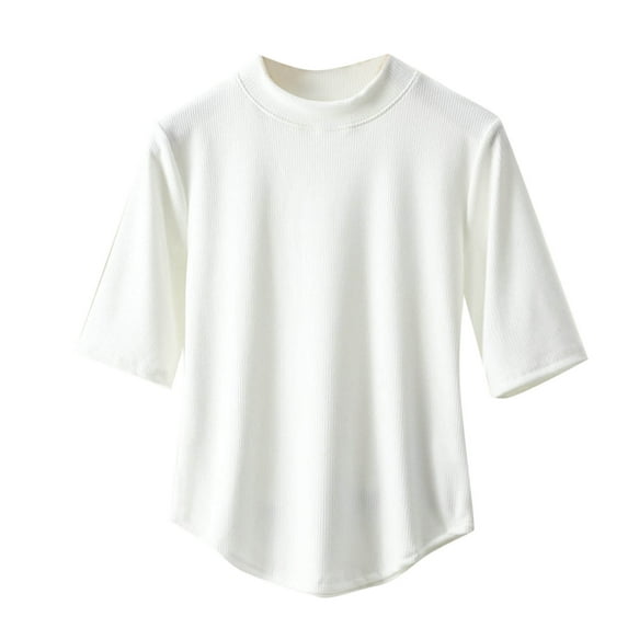 Summer Mock Neck T Shirts for Women Short Sleeve Cotton Loose Fit Tops Solid Color Spring Casual T-Shirts (White XXL)