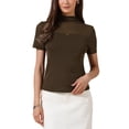 thumbnail image 1 of Summer Mock Turtle Neck Short Sleeve Tops for Women Sheer Mesh Shirts Basic Going Out Outfits M Coffee, 1 of 6