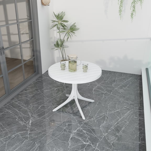 Summer - Modern White Round Plastic Table 36 Inch Indoor/Outdoor Dining Table & Coffee Table, Lightweight Polypropylene All-Weather Patio Table for Garden, Courtyard, Kitchen, Camping (White)