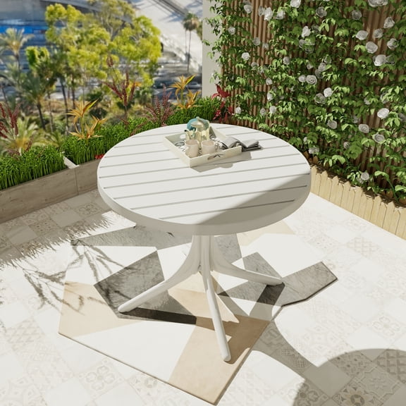 Summer - Modern White Round Plastic Table 36 Inch Indoor/Outdoor Dining Table & Coffee Table, Lightweight Polypropylene All-Weather Patio Table for Garden, Courtyard, Kitchen, Camping (White)
