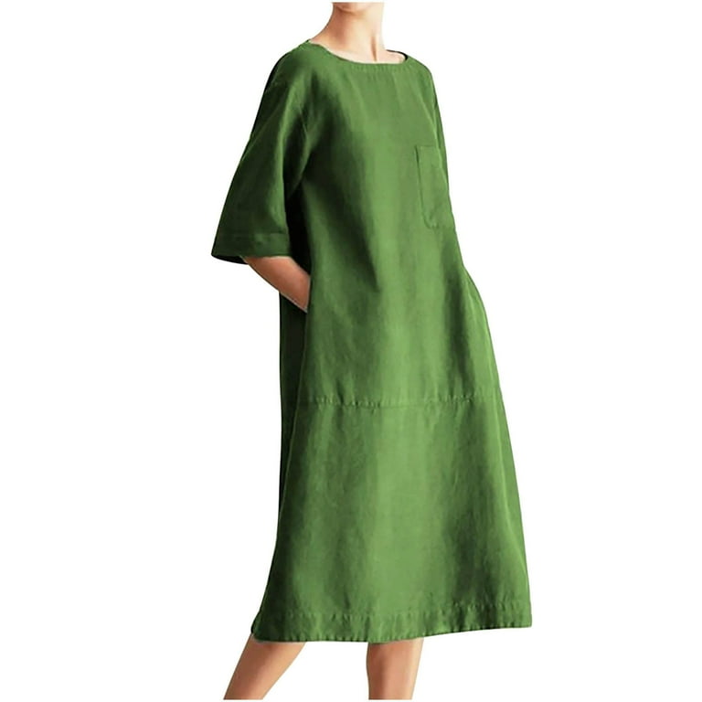 Summer Modest Dresses for Women 2023 Casual Short Sleeve Crew Neck Solid Color Cotton Linen Midi Dress with Pockets