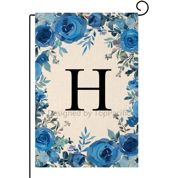 Summer Monogram Letter H Garden Flag Blue Rose 12x18 Inch Double Sided Outside Small Burlap Linen Family Last Name Initial Yard Decoration(7241)
