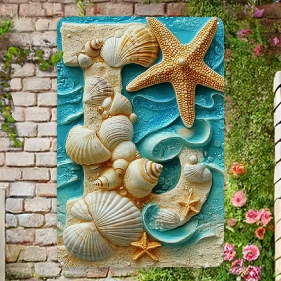 Summer Monogram Letter L Metal Sign Large Pebbles Shells Conch Starfish 12x8 Inch Decorative Sign & Plaques