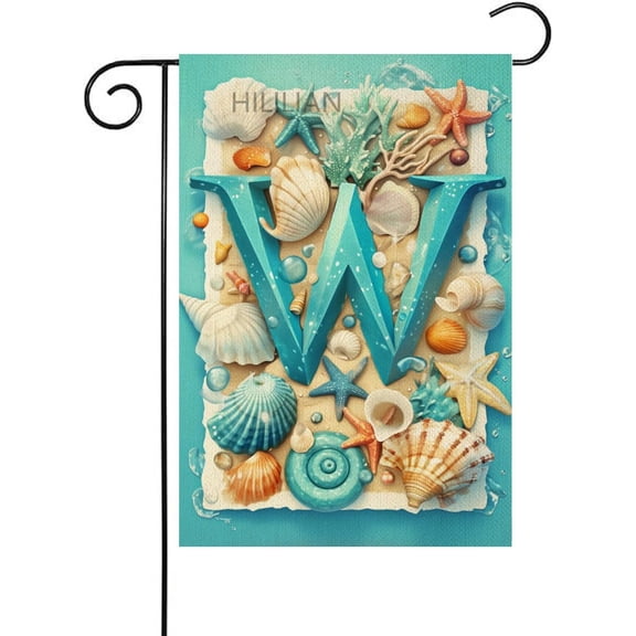 Summer Monogram Letter W Garden Flag With Pebbles Shells Conch Starfish 12 x 18 Inch