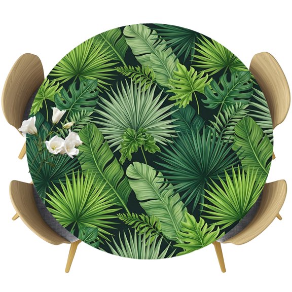 Summer Monstera Leaves Round Tablecloth 36-44 Inch Round Fitted Table Cloth with Elastic Edge, Tropical Plants Leaf Green Waterproof Table Cover Protector for Outdoor Picnic Party Dining