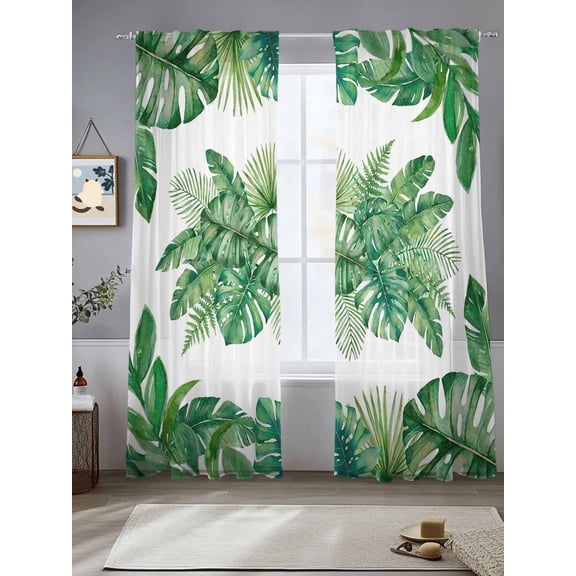 Summer Monstera Palm Leaf Chiffon Sheer Curtains 84 Inches Long Green Tropical Plants Rod Pocket Window Curtains Voile Drapes Curtains for Living Room Bedroom,2 Panels