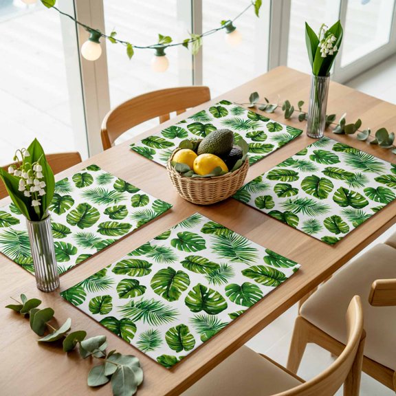 Summer Monstera Palm Leaf Placemats Set of 4,Wipeable Washable Table Mats for Dining Tables, Tropical Green Leaves Place Mats for Kitchen Event Party Tabletop Decor