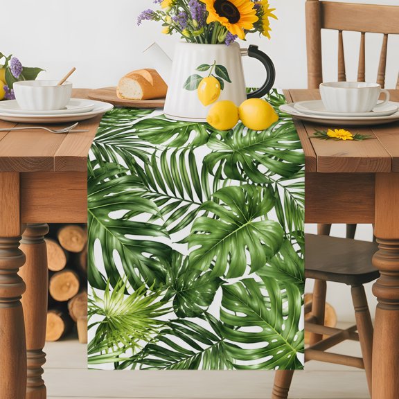Summer Monstera Palm Leaf Seamless Table Runner 36 Inches Long, Tropical Green Botanical Table Runners Tabletop Scarf Kitchen Dining Tables Decoration for Home Party Indoor Outdoor