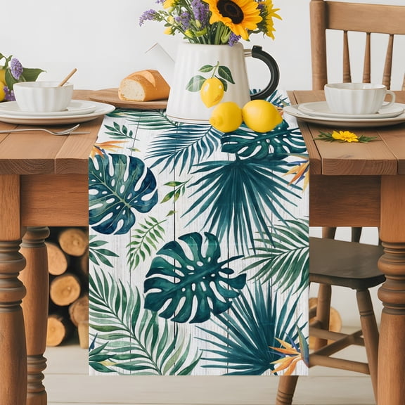 Summer Monstera Palm Leaf Table Runner 72 Inches Long, Farmhouse Leaves Wood Plank Table Runners Tabletop Scarf Kitchen Dining Tables Decoration for Home Party Indoor Outdoor