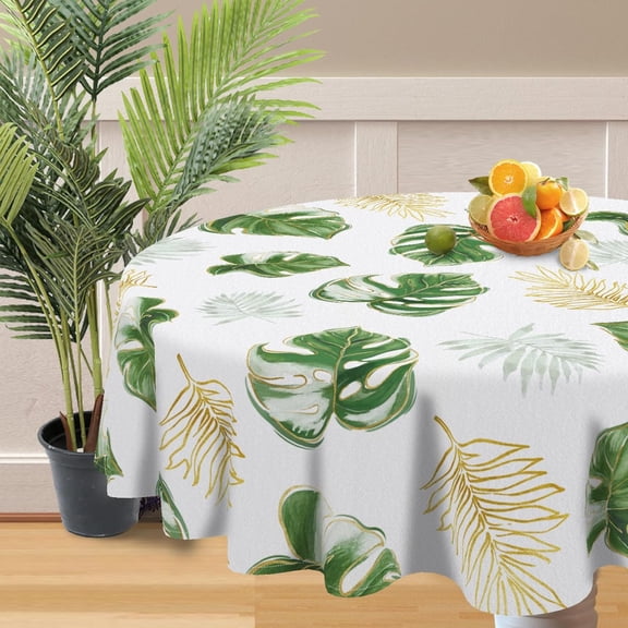 Summer Monstera Palm Leaves Round Tablecloth 70 x 70 Inch, Tropical Plants Gold Leaf Decorative Table Cloth Hawaii Botanical Dining Table Cover, Hawaiian Luau Dinner Party Picnic Decoration