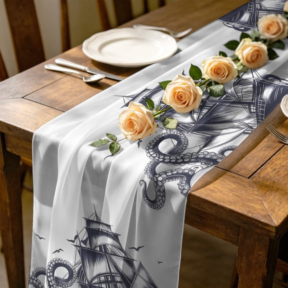 Summer Nautical 10 ft Cheesecloth Table Runner for Wedding 27"x120", Ocean Giant Octopus Sea Monster Coastal Sailboat Kitchen Dinner Sheer Tulle Chiffon Dresser Scarf, Holiday Party Decorations