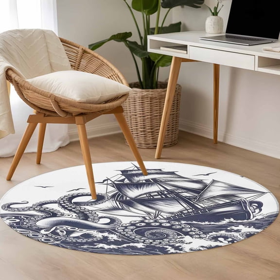 Summer Nautical 3.3ft Round Rug for Bedroom Reading Corner, Ocean Giant Octopus Sea Monster Coastal Sailboat Washable Non Slip Circle Area Rug