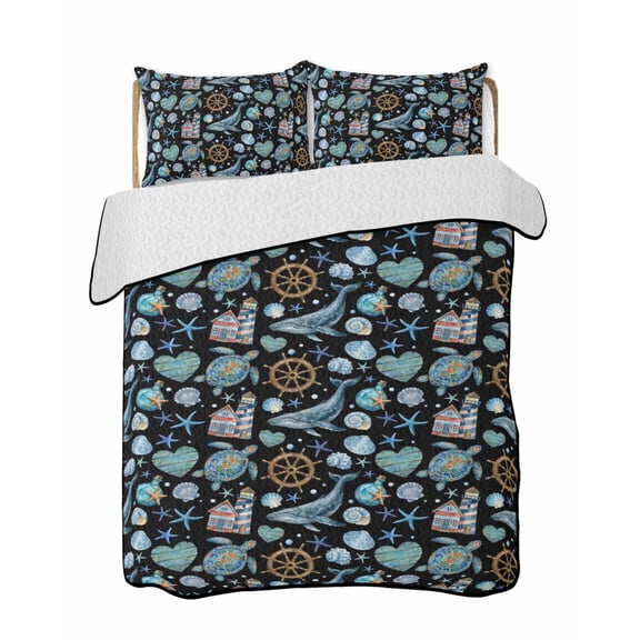 Summer Nautical 3 Piece Quilt Bedding Set with 2 Pillow Shams, Ocean Shark Sea Turtle Retro Rudder Coastal Black Lightweight Bedspread Coverlet, Soft Breathable All Season Quilt, 68 x 86 Inch