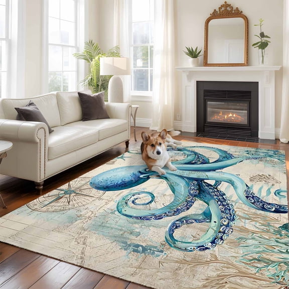 Summer Nautical 5x8 Rug for Bedroom Under Queen Bed Placement, Teal Octopus Ocean Corals Compass Retro Brown Washable Non Slip Large Rectangle Area Rug