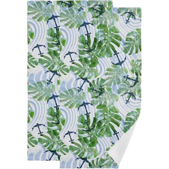 Summer Nautical Anchor Hand Towels, Tropical Leaves Blue Kitchen Towel Ultra Soft and Absorbent,Decorative Fingertip Face Towel for Bathroom Hotel, 2 PCS, 28.3"x 14.4"