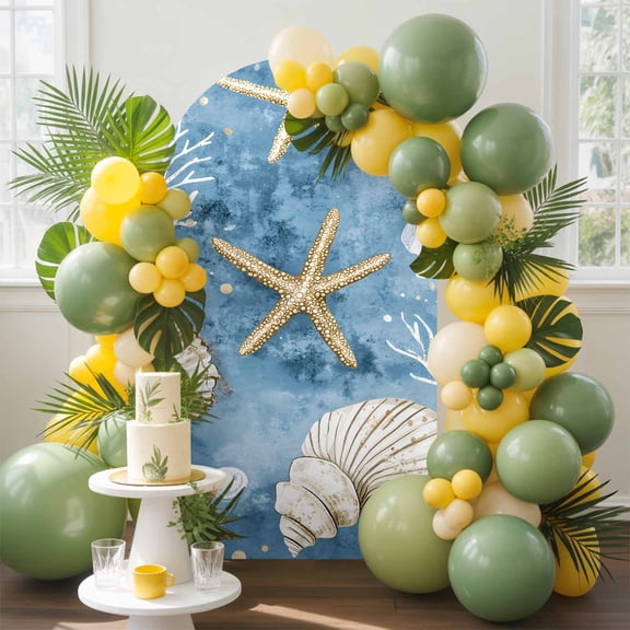 Summer Nautical Arch Backdrop Cover, 5FT, Conch Shell Starfish Ocean Spandex Arch Covers Double-Sided Backdrop for Wedding Birthday Party Photo Background Decoration