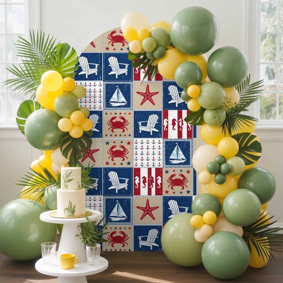 Summer Nautical Arch Backdrop Cover, 6FT, Crab C Anchor Sailboat Starfish Hair Coastal Spandex Arch Covers Double-Sided Backdrop for Wedding Birthday Party Photo Background Decoration