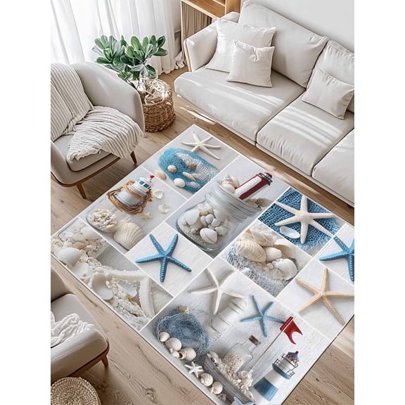 Summer Nautical Area Rug for Bedroom 2.7x5 Ft Starfish Shell Lighthouse Fishing Net Super Soft fuzzy Throw Rug Non-Slip Fluffy Plush Indoor Floor Carpet for Living Room Nursery Home Decor