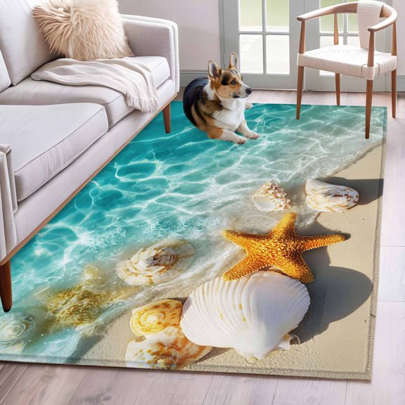 Summer Nautical Area Rugs 4x6 ft Coastal Scene Cute Starfish Ocean Shells Conch Washable Rug Non Slip Indoor Carpet Absorbent Floor Mat for Living Room Bedroom Dining Room