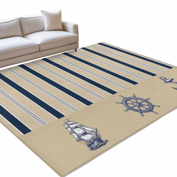 Summer Nautical Area Rugs 6x9ft Ocean Sailboat Rudder Coastal Anchor Stripes Texture Floor Rug&nbsp;Non Slip Low Pile Ultra Soft Throw Carpet for Entryway Indoor Entrance Kitchen Bathroom