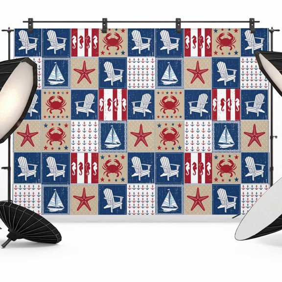 Summer Nautical Backdrops for Photography, Crab C Anchor Sailboat Starfish Hair Coastal Fabric Photo Background Sturdy Studio Props for Photo Studio, Video Recording, Booth & Photoshoot 7x5ft