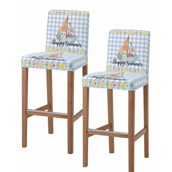 Summer Nautical Bar Stool Covers Set of 2, Happy Summer Coastal Blue Checkered Stretch Washable Bar Chair Covers with Backs, Removable Pub Counter Height Chair Cover for Kitchen Dining Room Cafe