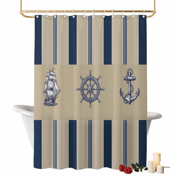 Summer Nautical Bathroom Shower Curtain, Ocean Sailboat Rudder Coastal Anchor Stripes Texture Waterproof Washable Soft Bath Curtain for Bathtub Decor with 12 Hooks&Grommet, 60x72 Inch