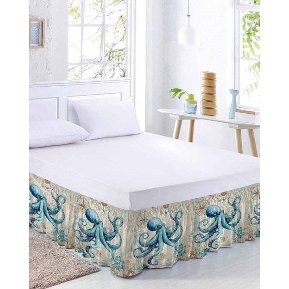 Summer Nautical Bed Skirt King Size 16 Inch Drop, Teal Octopus Ocean Corals Compass Retro Brown Adjustable Elastic Dust Ruffles Bedskirt for King Bed Wrap Around Pleated Mattress Frame Cover
