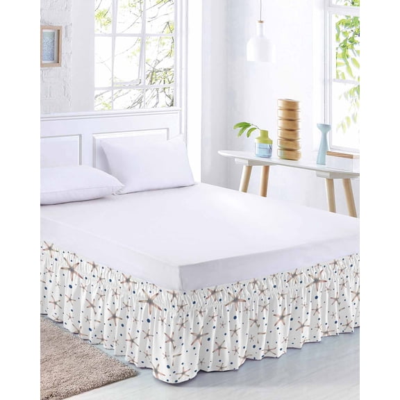 Summer Nautical Bed Skirt King Size 16 Inch Drop, Watercolor Ocean Gradient Color Starfish Polka Dot Adjustable Elastic Dust Ruffles Bedskirt for King Bed Wrap Around Pleated Mattress Frame Cover