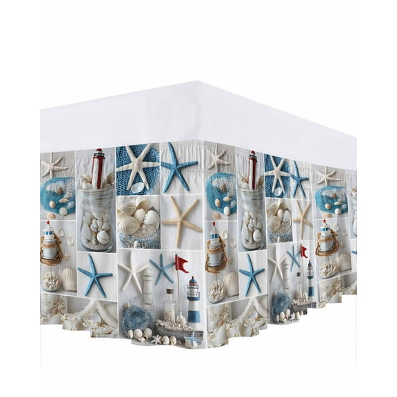 Summer Nautical Bed Skirt Queen Size 16" Drop Starfish Shell Lighthouse Fishing Net Ruffled Wrap Around Bed Skirts Adjustable Elastic Bedskirt Dust Ruffle for Queen Size Bed