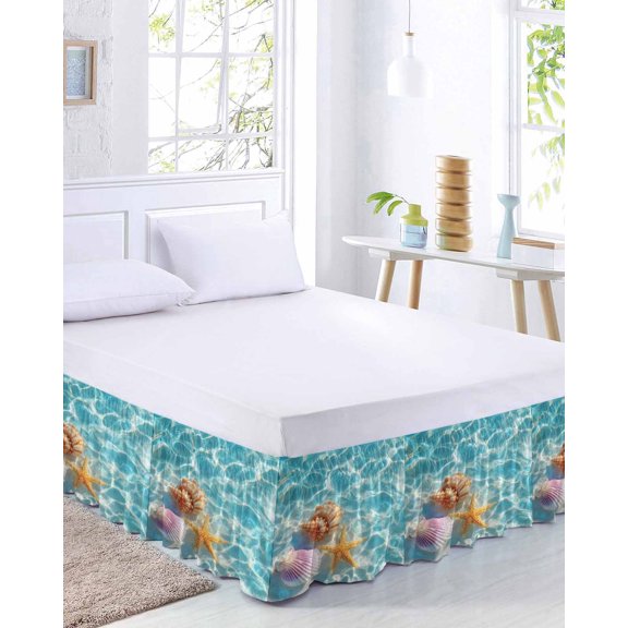Summer Nautical Bed Skirt Queen Size 16 Inch Drop, Ocean Wave Coastal Starfish Shell Conch Adjustable Elastic Dust Ruffles Bedskirt for Queen Bed Wrap Around Pleated Mattress Frame Cover