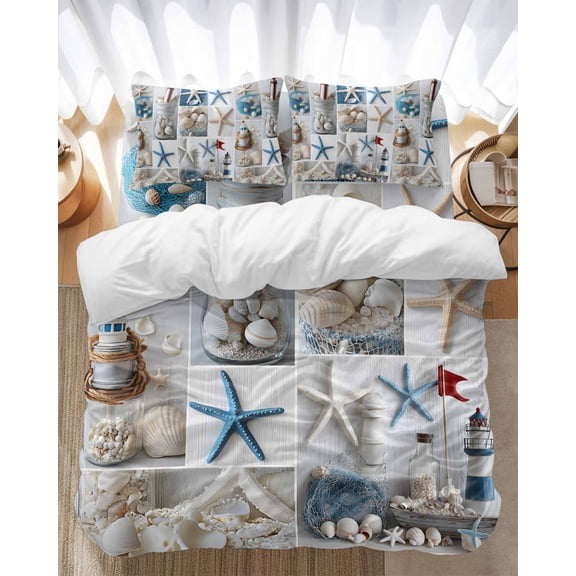 Summer Nautical Bedding Duvet Cover Set King Size 4 Pieces Starfish Shell Lighthouse Fishing Net Bedding Set with Zipper Closure, 1 Comforter Cover 92x106 Inches 1 Flat Sheet & 2 Pillow Cases